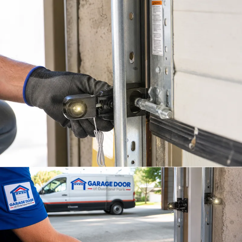 Misaligned garage door photo-eye safety sensors with sunlight glare at the lens