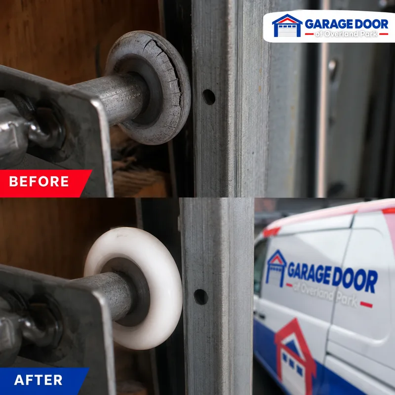Worn nylon garage door rollers seated in the track