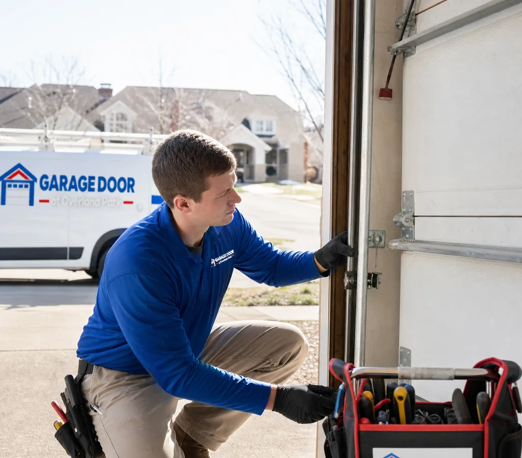 Residential garage door technician checking rollers and track alignment at the jamb