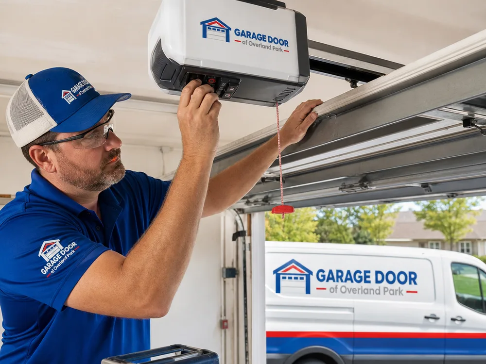 Technician adjusting garage door opener travel limits while observing the floor seal