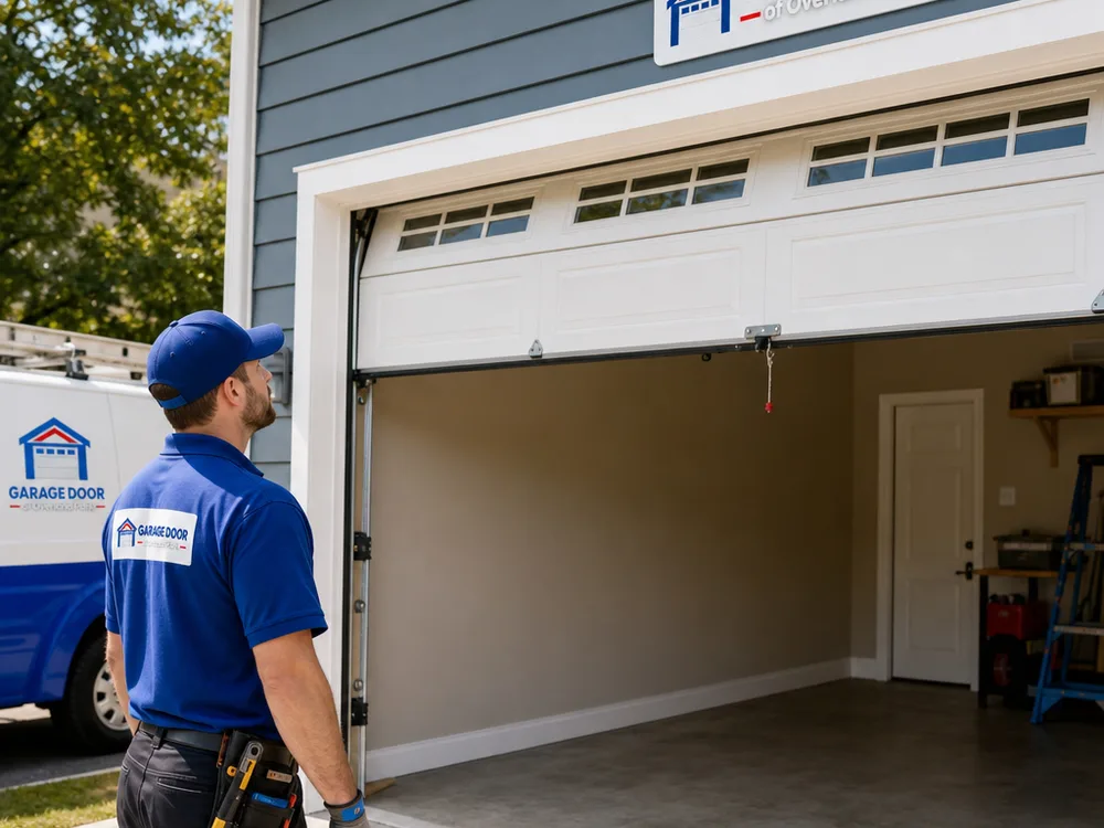 Sectional residential garage door mid-lift with the opener disconnected
