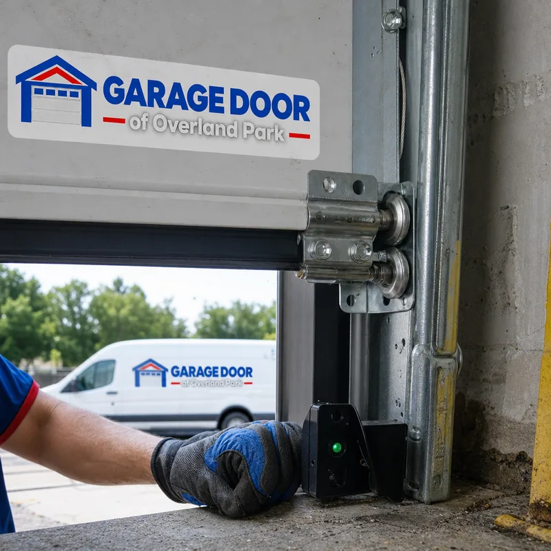 Rolling steel door guides, bottom bar, and safety edge sensor at a warehouse opening