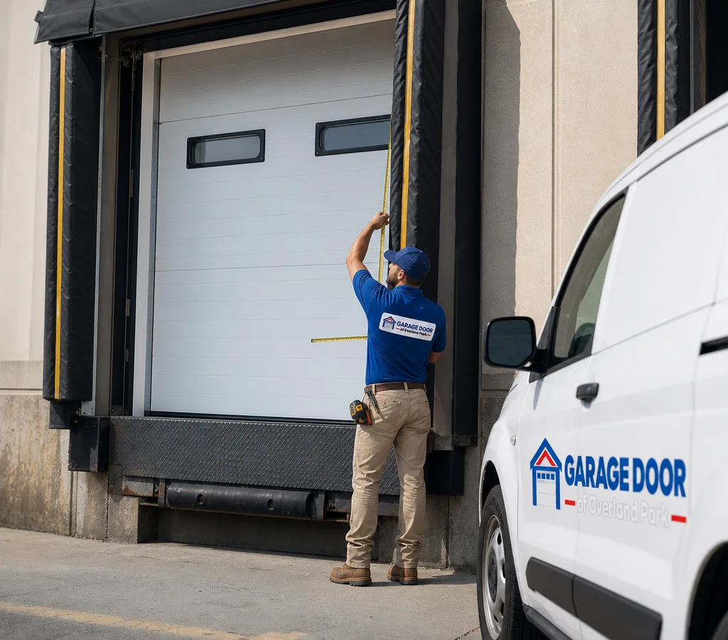 Commercial overhead door at a warehouse dock with a contractor measuring the opening and checking clearances