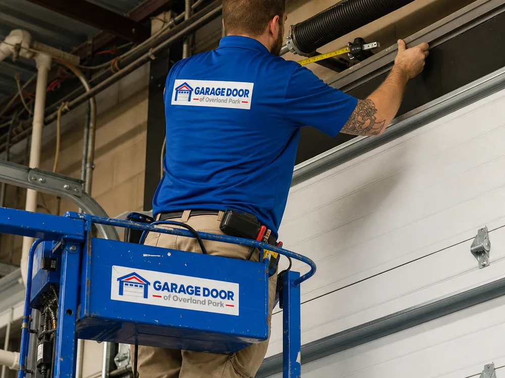 Contractor on a lift inspecting commercial door track alignment and torsion spring setup near the header