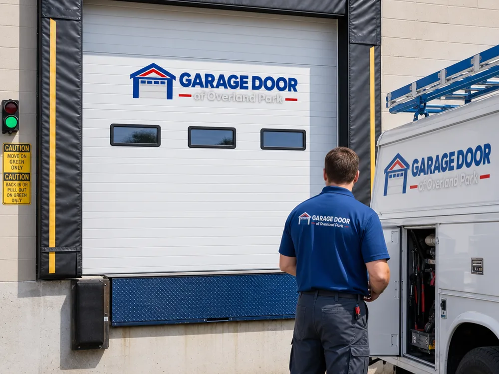 Loading dock with an overhead door, dock bumpers, and a sealed perimeter around the opening