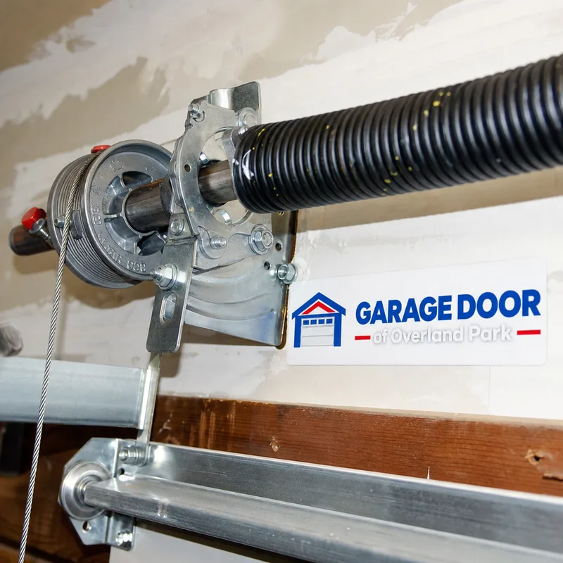 Torsion spring system above a garage door with center bearing plate, cable drums, and neatly routed lift cables