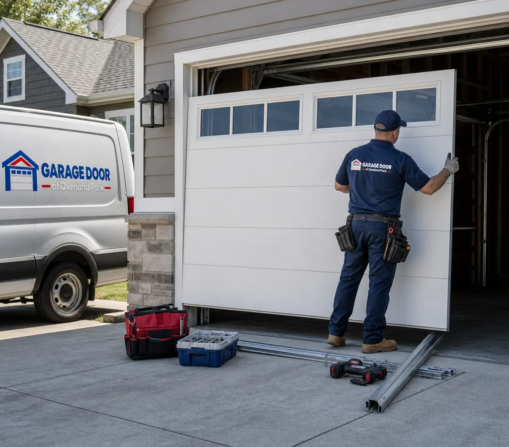 Residential garage with a contractor positioning a new sectional overhead garage door and tools staged nearby