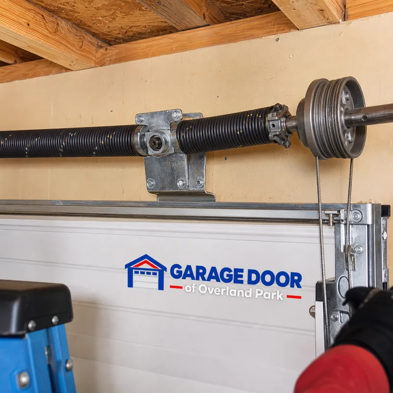 Torsion spring assembly with center bearing plate, cable drums, and lift cables