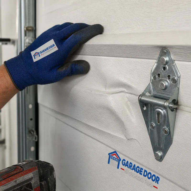 Dented steel garage door panel with creasing near the hinge line