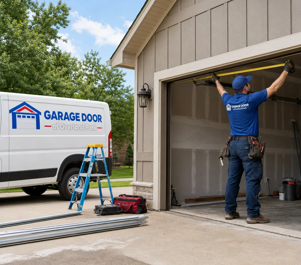 Residential sectional garage door in a driveway with a contractor measuring the opening before replacement