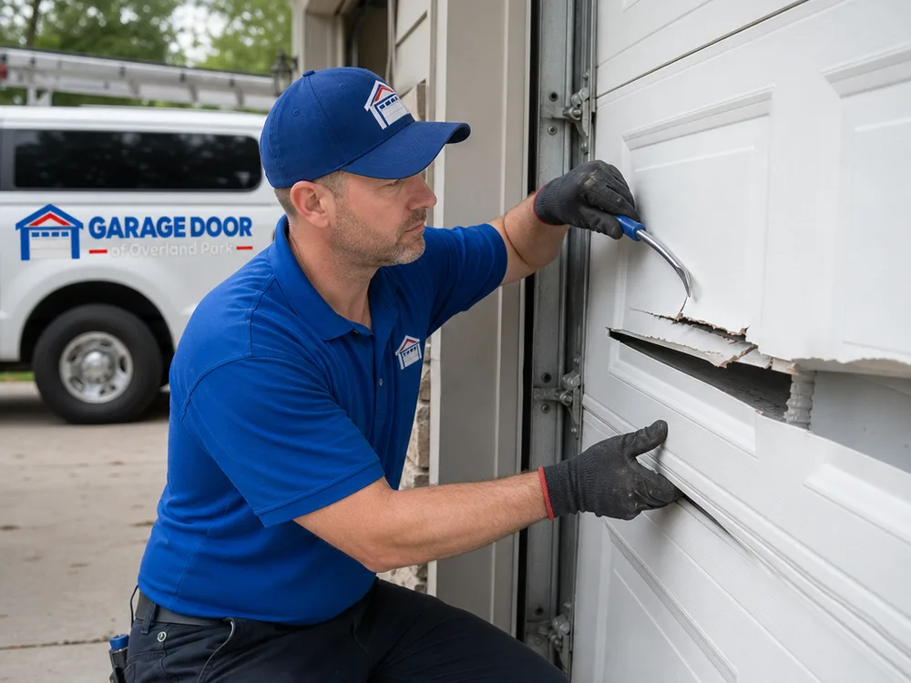 Contractor inspecting a damaged middle garage door panel, hinge points, and track alignment