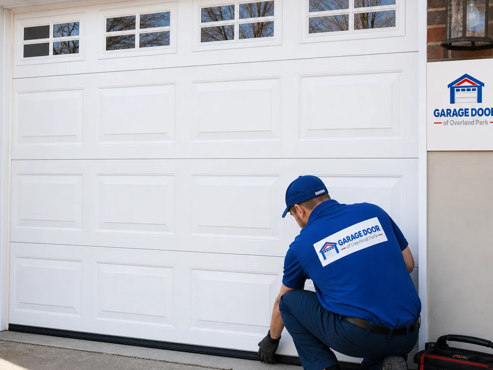 Finished residential sectional garage door with an even bottom seal and aligned tracks