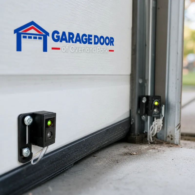 Garage door photo eye sensors near the bottom tracks with one sensor slightly misaligned