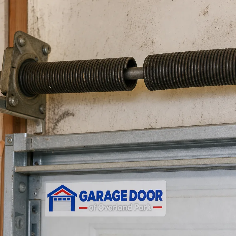 Close-up of a residential garage door torsion spring with a visible break in the coil