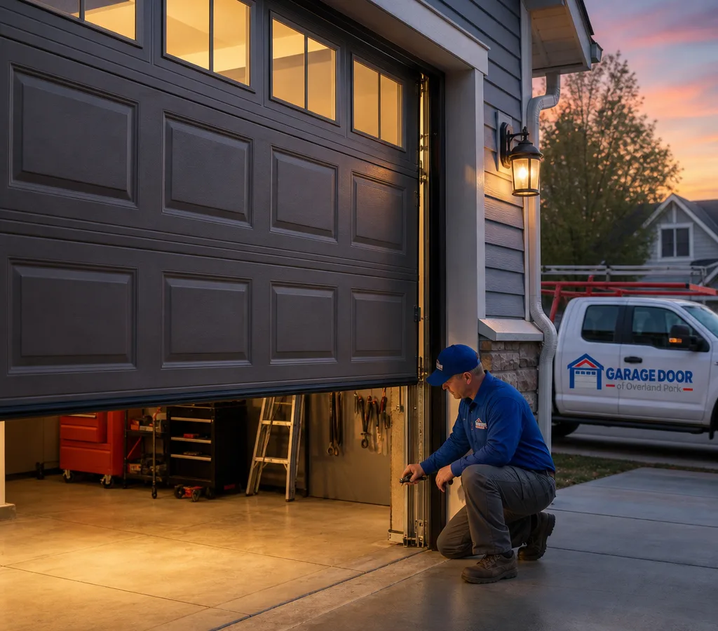 Residential garage door half open at dusk while a contractor inspects the bottom roller and track