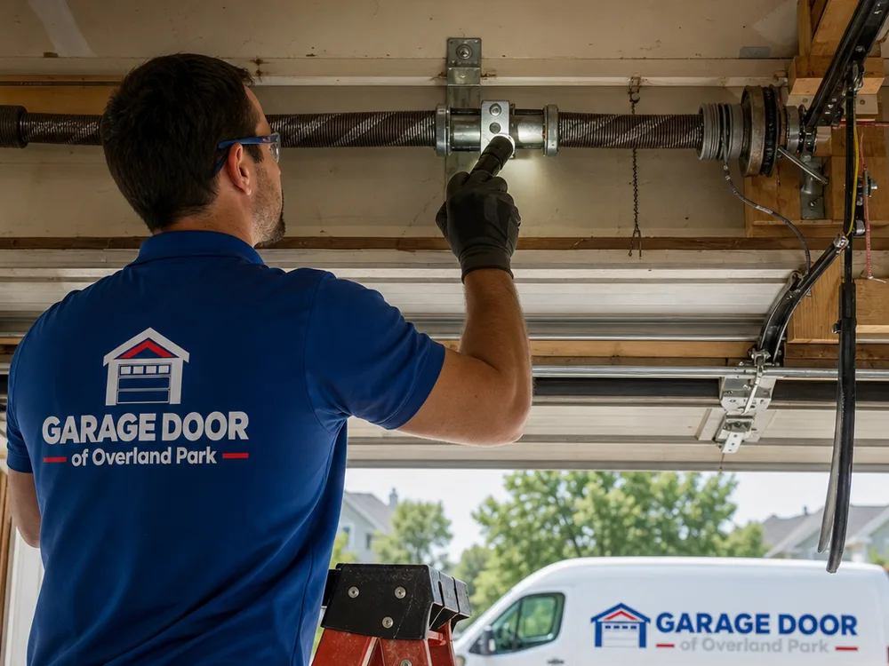 Contractor inspecting a residential garage door torsion spring assembly, center bearing plate, and cable drums