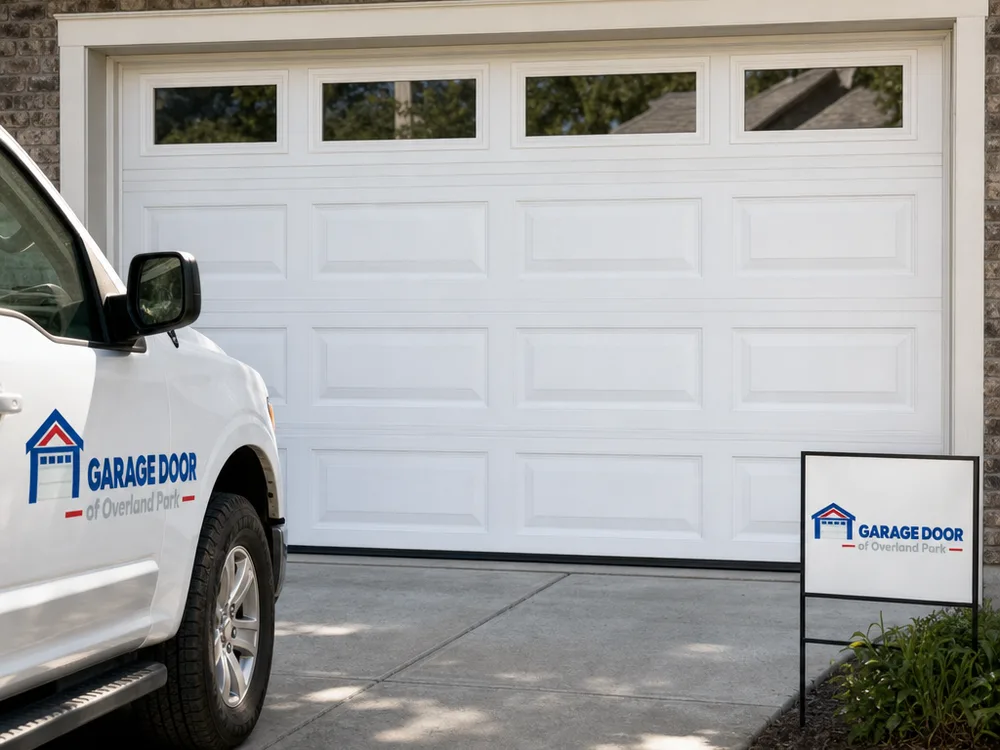 Residential sectional garage door closed evenly with straight tracks and an aligned opener rail