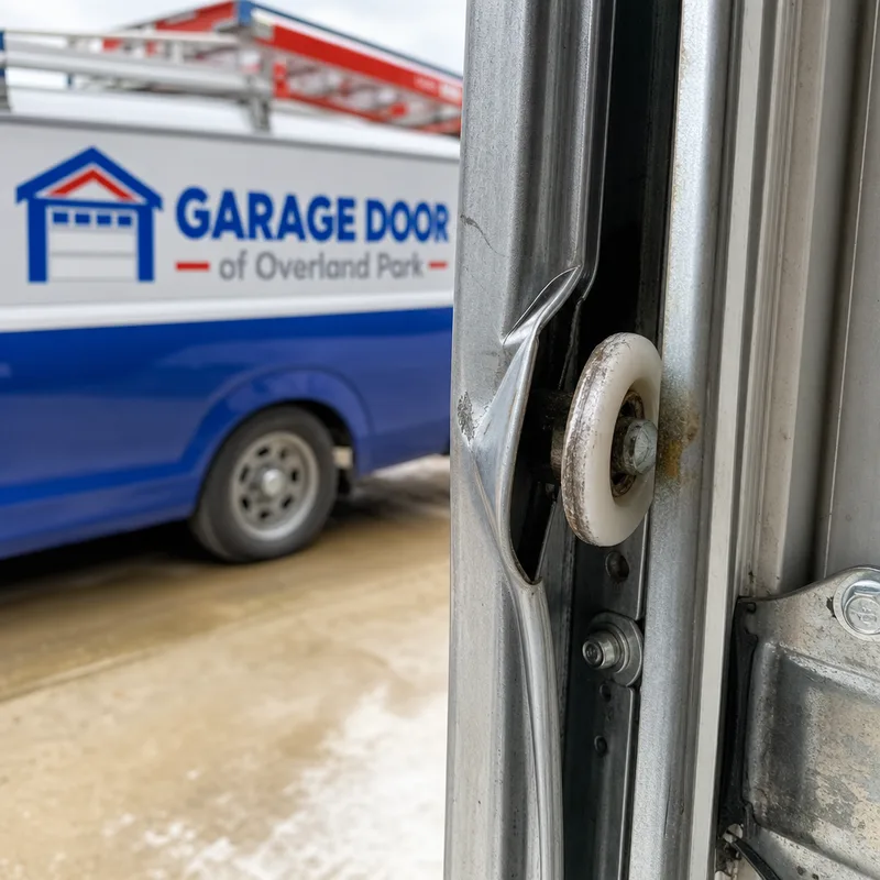 Garage door roller partly outside a bent vertical track with a kinked track lip
