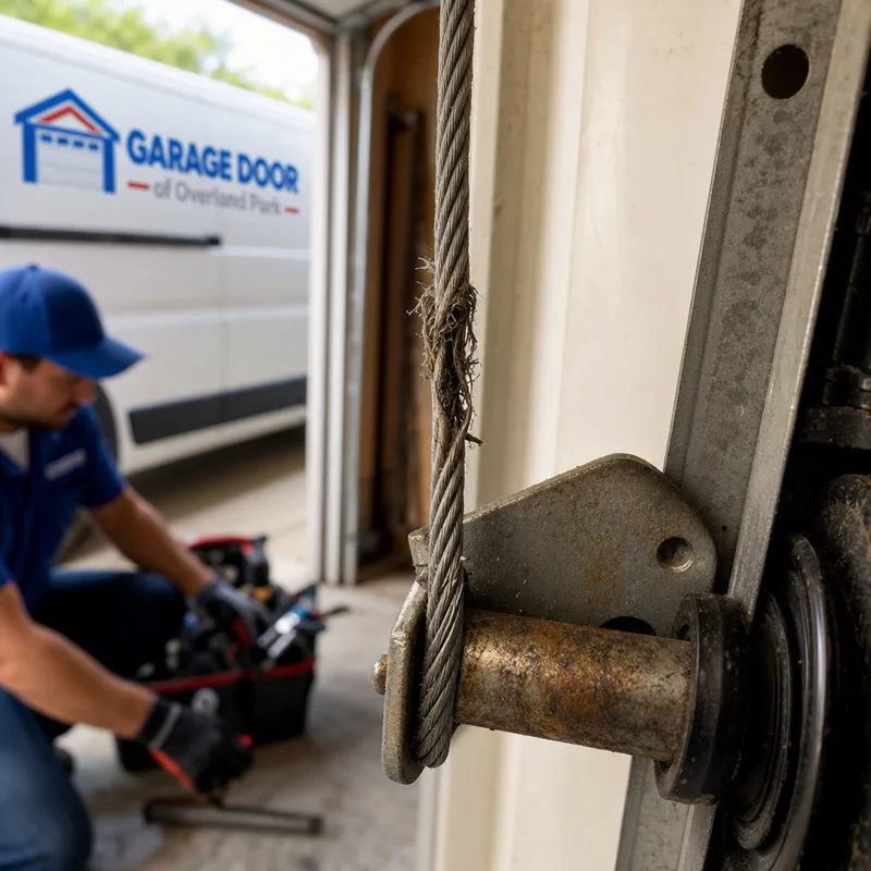 Frayed garage door lift cable strands near a lightly rusted bottom bracket