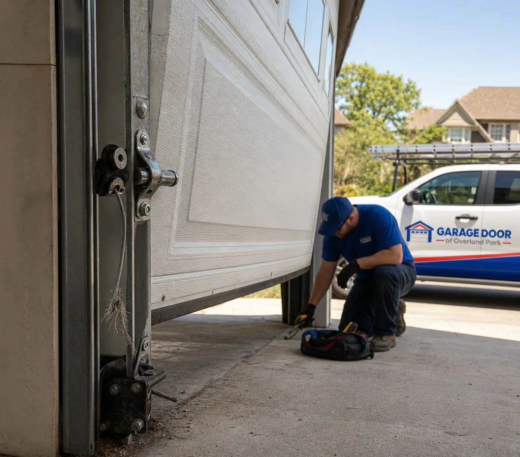 Residential sectional garage door hanging crooked with a slack lift cable near the bottom bracket