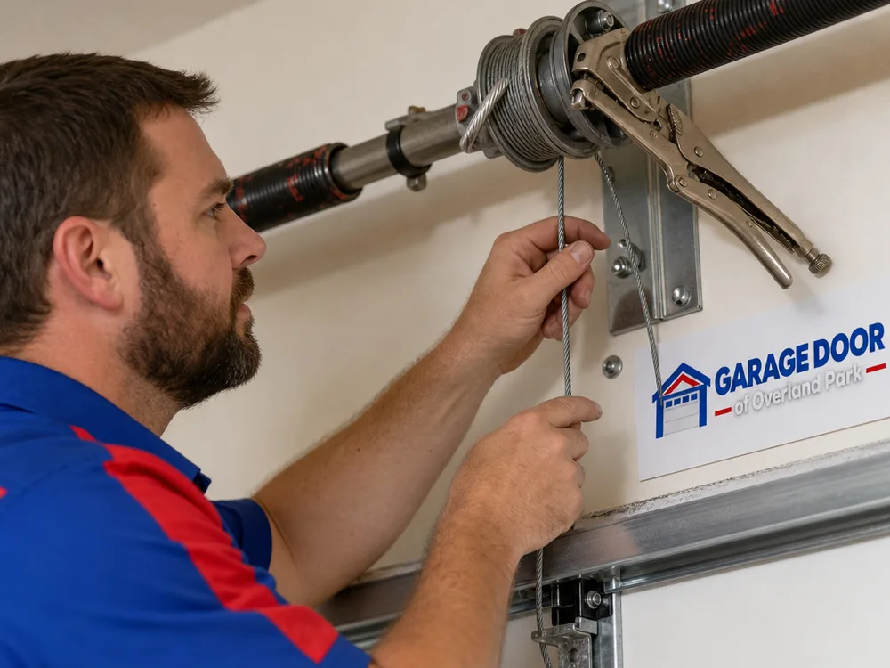 Contractor inspecting a garage door lift cable at the torsion drum with the shaft secured for safety