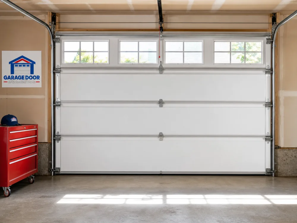Sectional garage door sitting level with straight tracks and rollers seated correctly