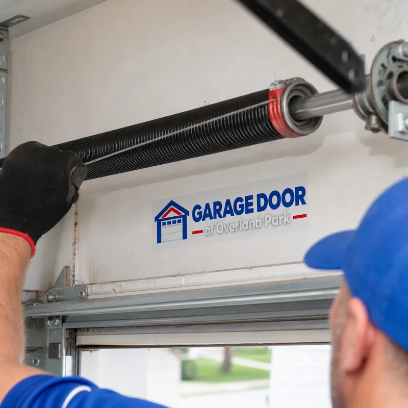 Extension spring running parallel to a horizontal garage door track with a safety cable threaded through the spring