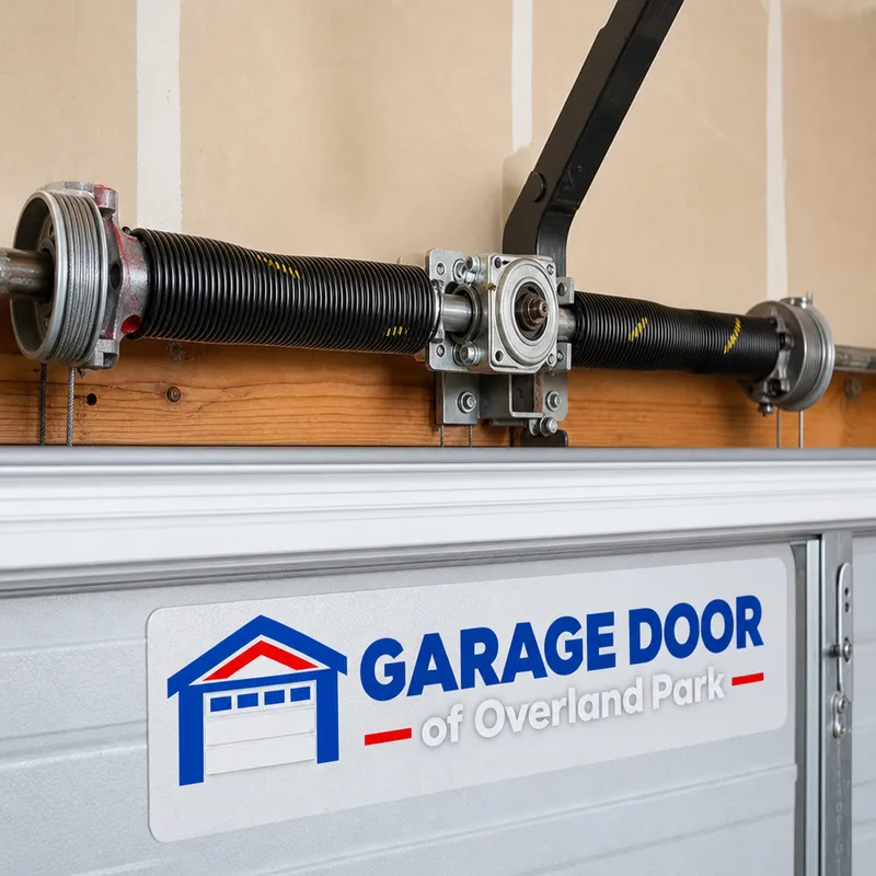 Torsion spring mounted on a shaft above a sectional garage door with winding cones, center bearing plate, and cable drums