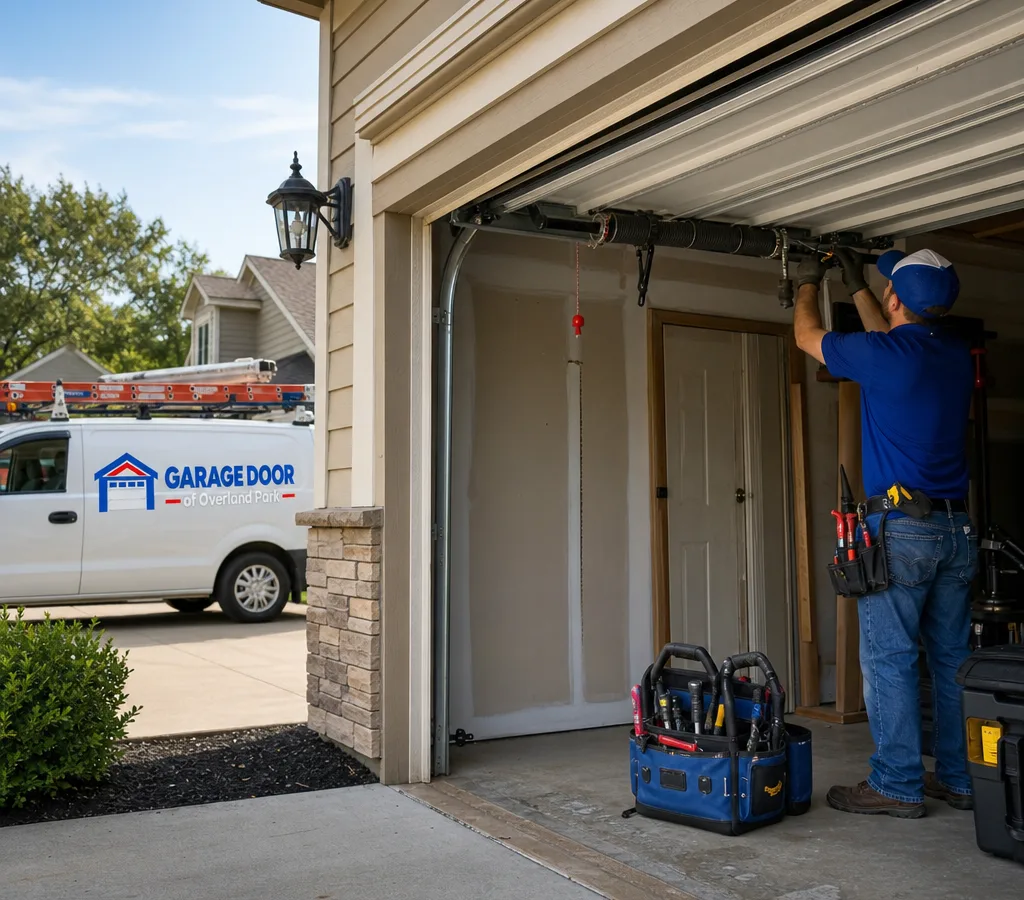 Residential garage door partially open with a visible torsion spring above the door and a contractor preparing tools near the torsion tube