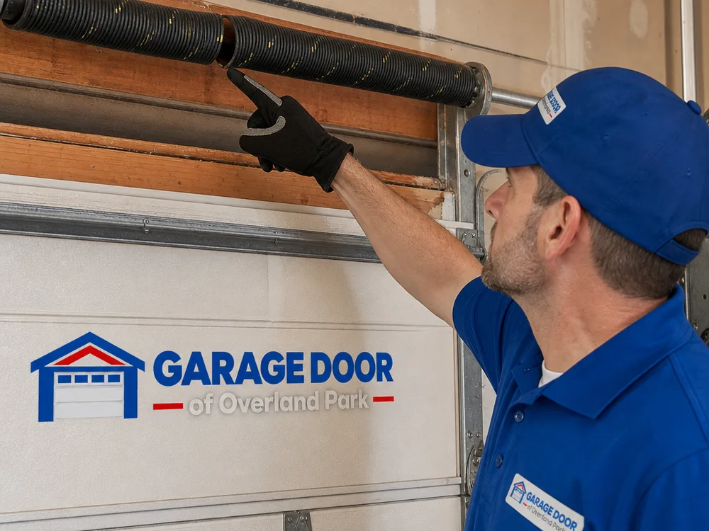 Close view of a broken torsion spring assembly over a secured garage door while a contractor points at the gap in the coil