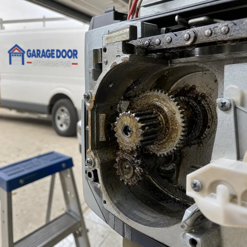 Worn garage door opener drive gear and sprocket assembly with its cover removed