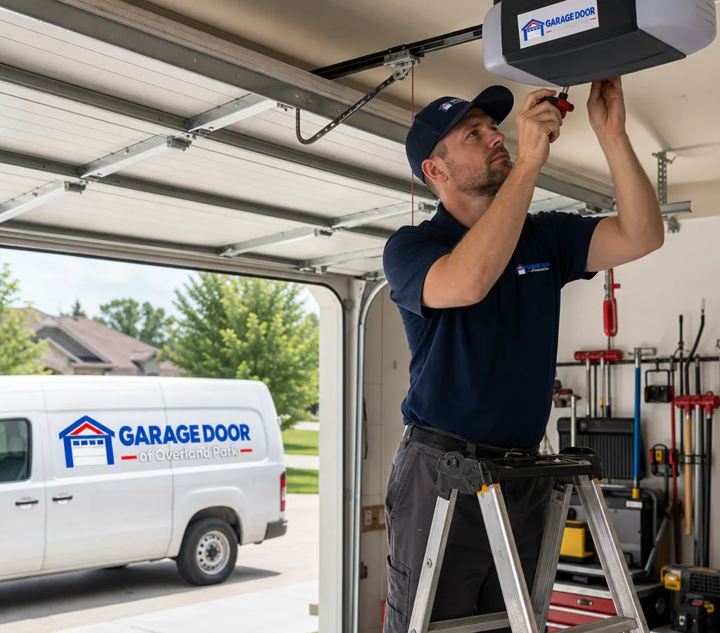 Contractor troubleshooting a ceiling-mounted garage door opener in a residential garage