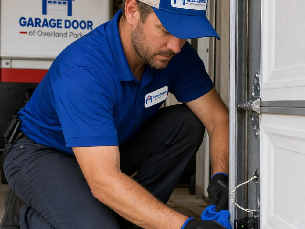 Contractor checking garage door safety photo-eye alignment near the floor