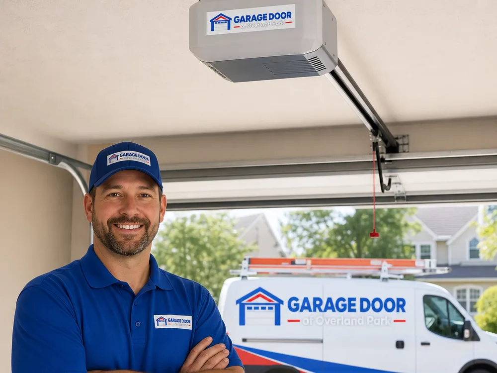 New belt-drive garage door opener with an aligned rail and neatly routed sensor wiring