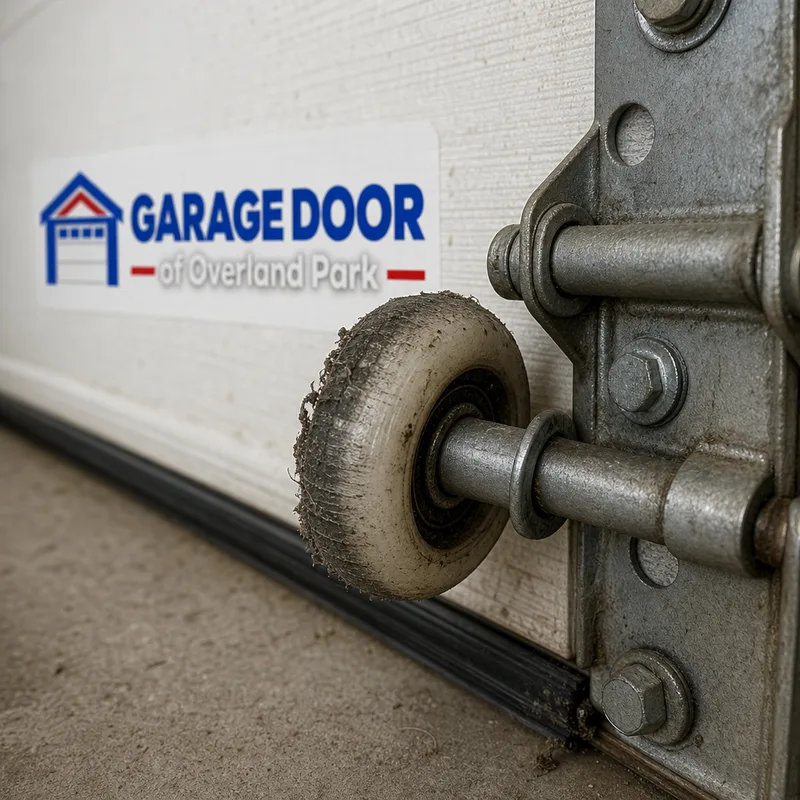 Worn nylon garage door roller beside a hinge on a sectional door panel showing flat spots and debris