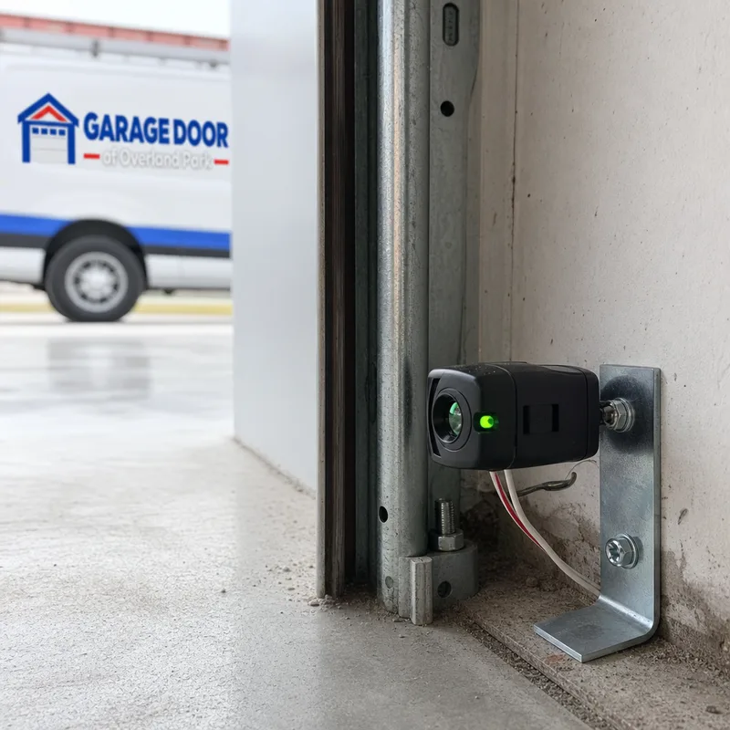 Photo-eye safety sensor near the garage floor with alignment indicator, clean lens, track, and concrete floor visible