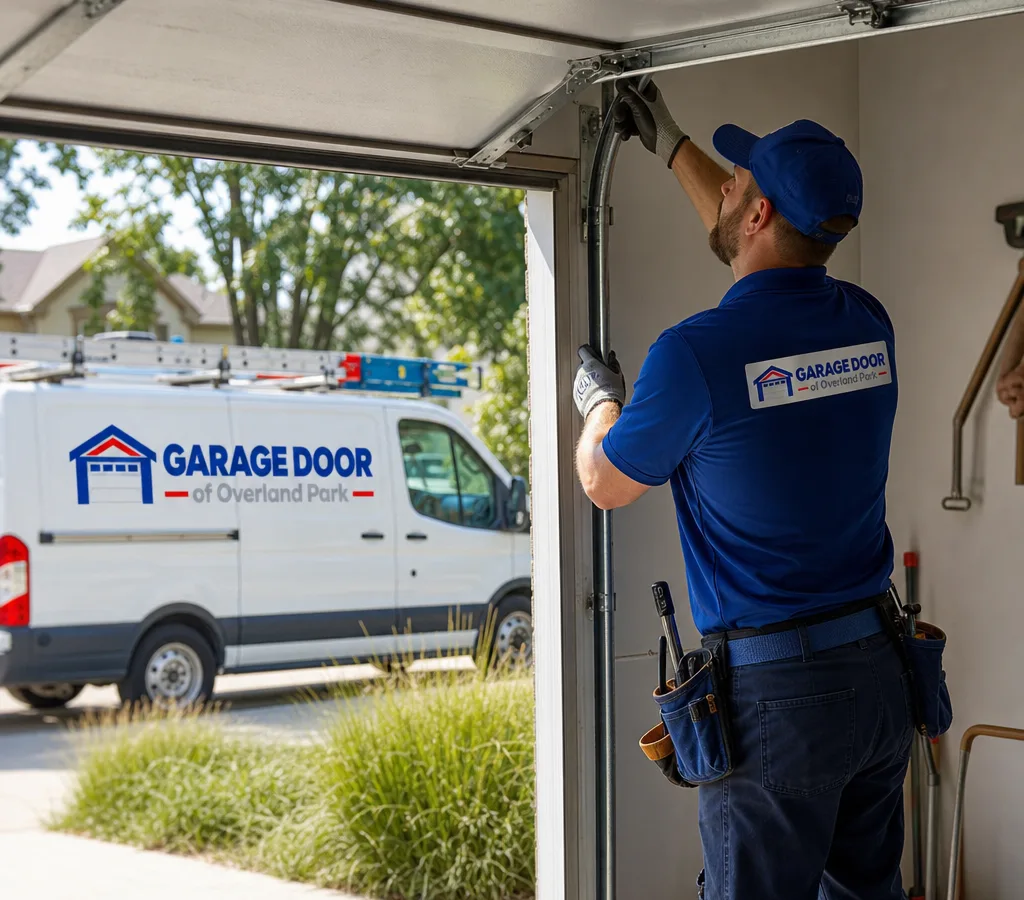 Residential garage door partially open while a contractor inspects the door and track from inside the garage