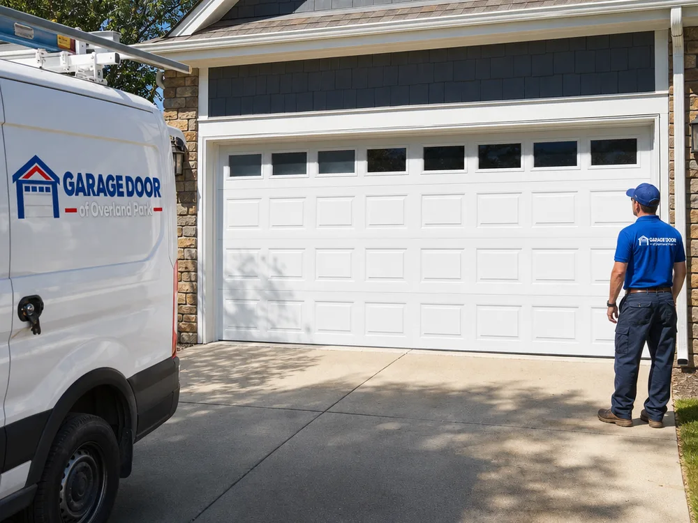 Residential sectional garage door closed evenly with clean reveal lines in a suburban driveway