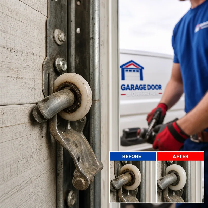 Worn nylon garage door roller and hinge on a sectional door panel