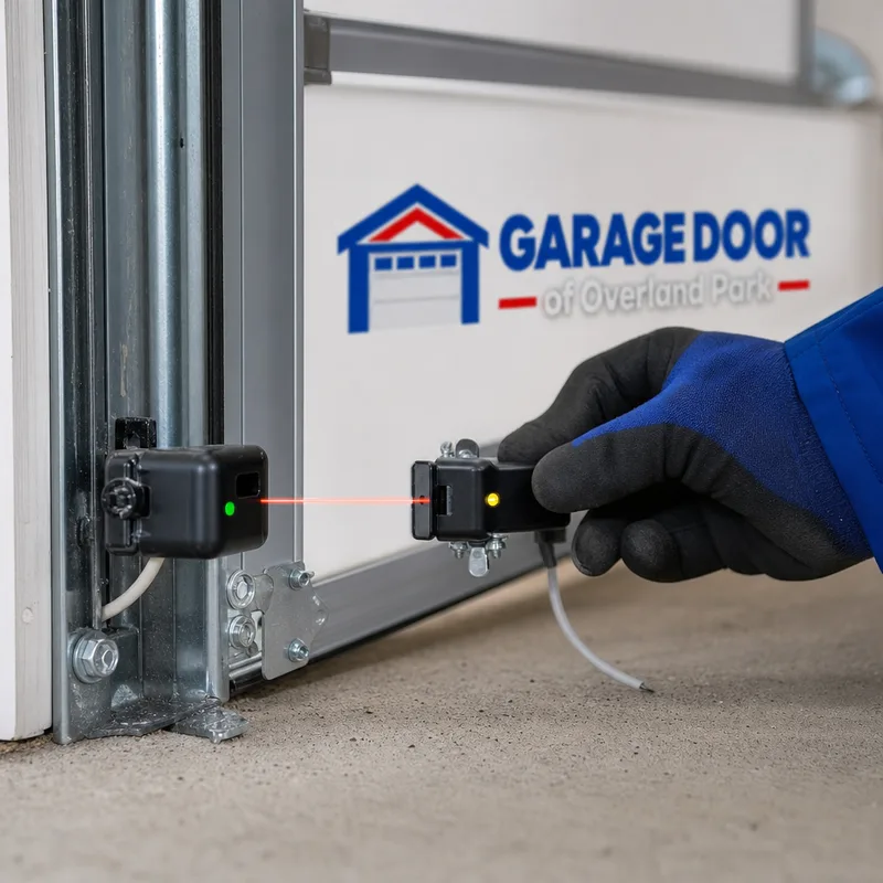 Misaligned garage door safety sensor near the bottom of the track with its indicator light visible