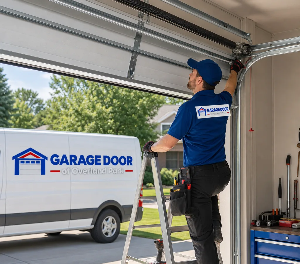 Residential garage door partially open while a contractor inspects the tracks and springs from inside the garage