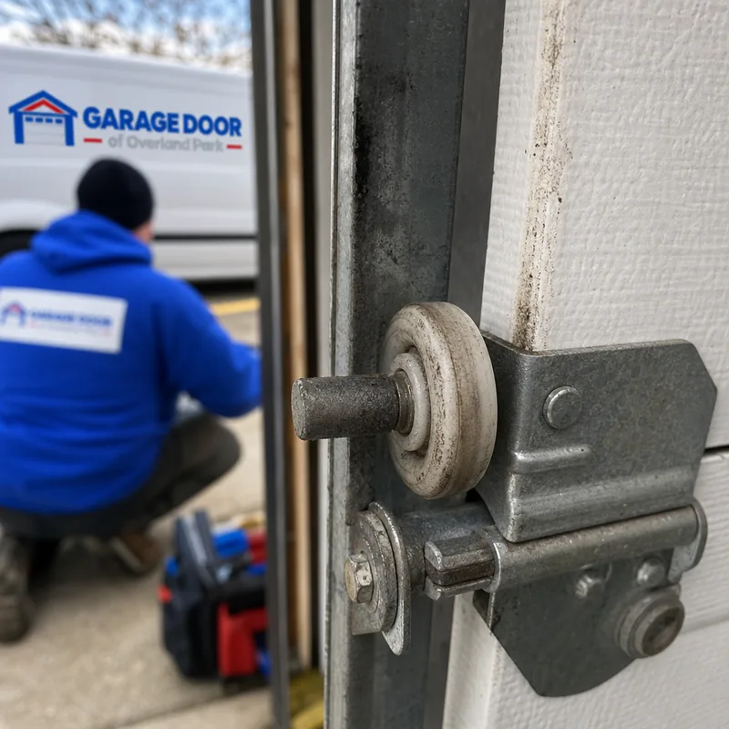 Close-up of a worn garage door roller and hinge at the edge of a door section