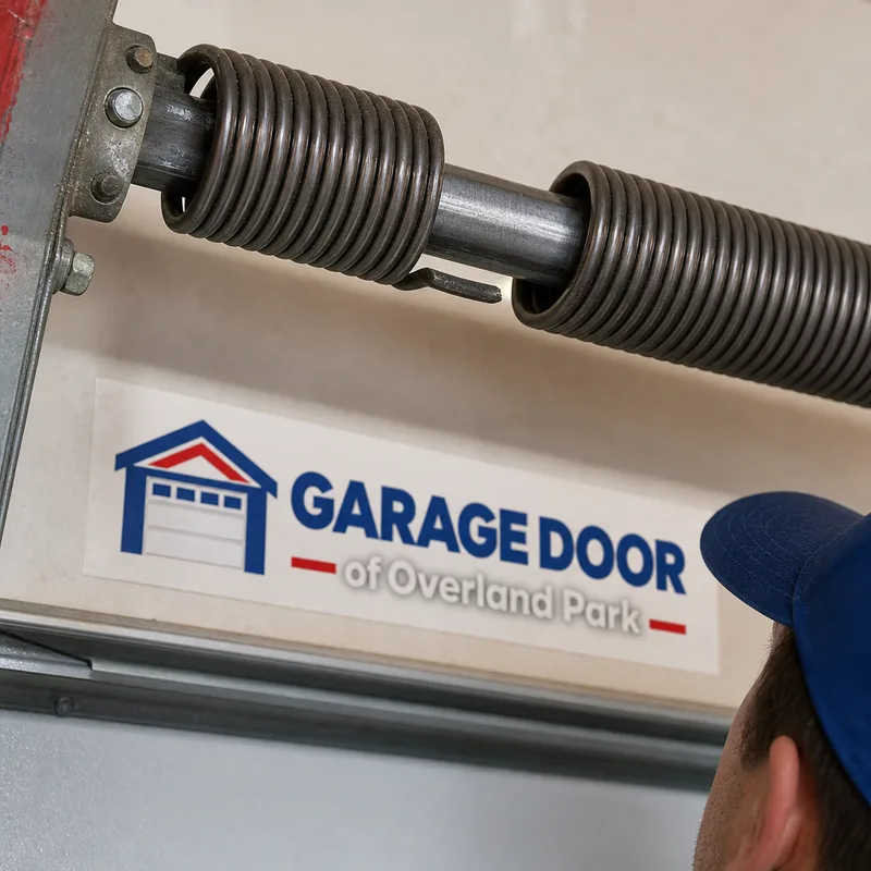 Close-up of a torsion spring with a visible break gap in the coil above a garage door