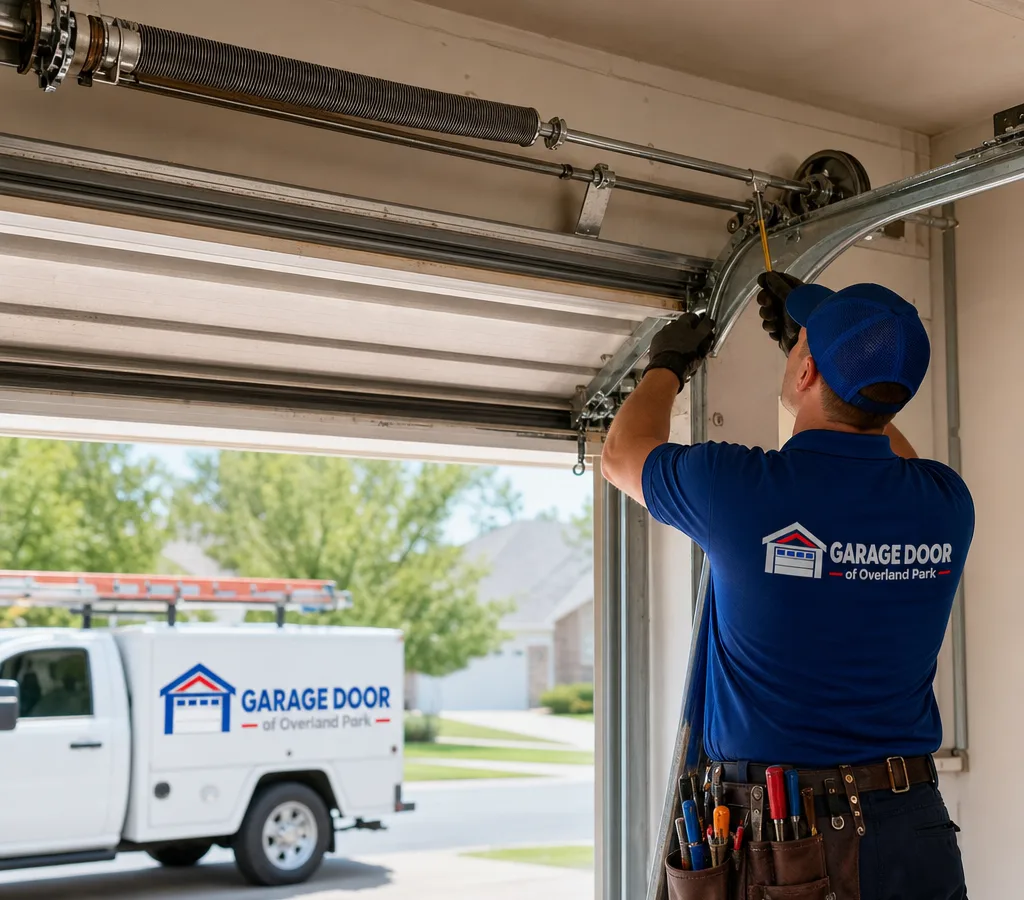 Residential sectional garage door partially open with visible torsion spring shaft and cables