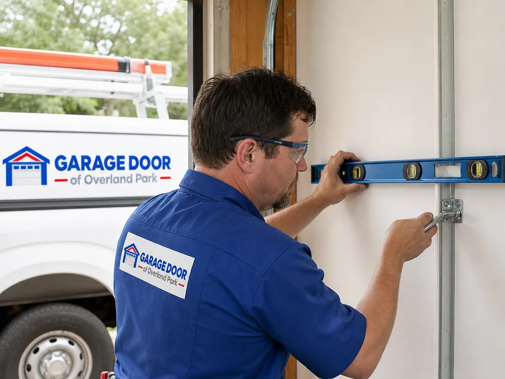 Contractor checking garage door track alignment with a level and tightening wall brackets