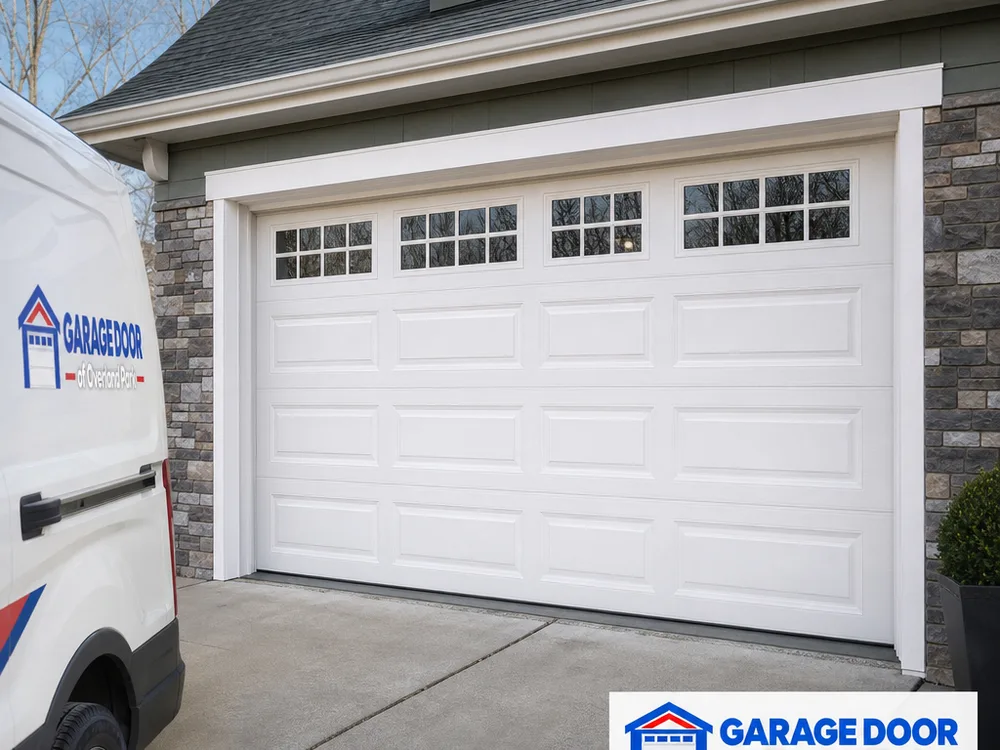 Finished residential garage door closed evenly with consistent gaps and bottom seal contact