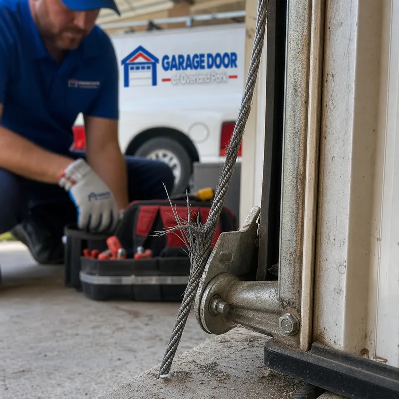 Frayed garage door lift cable near the bottom bracket