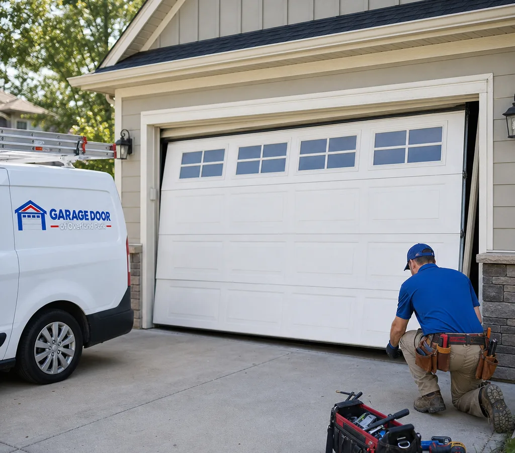 Residential garage door with one side misaligned in a driveway