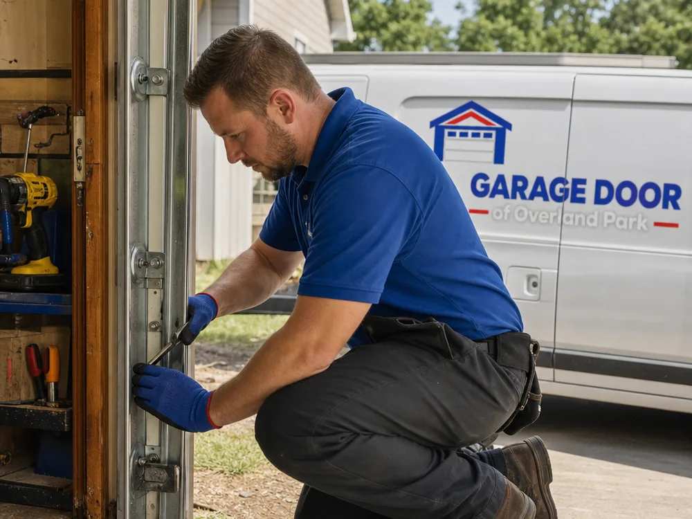 Contractor checking garage door roller alignment and track fasteners with hand tools