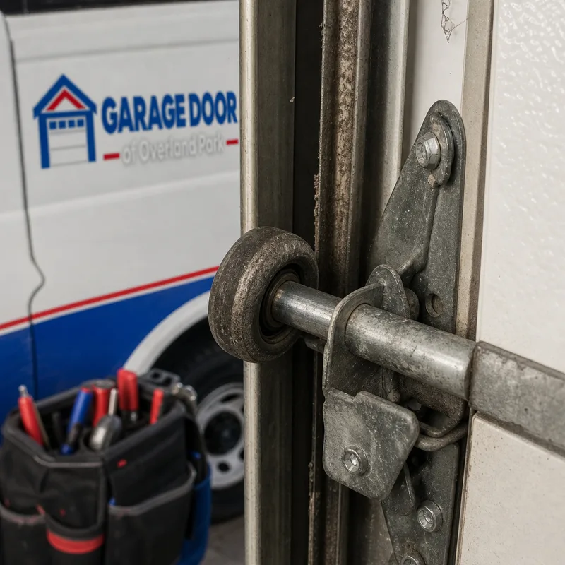 Close-up of a worn garage door roller and hinge at the edge of a door section